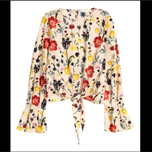 H&M Floral Bell Sleeve Crop Top Beige Tie Front Key Hole Size 6 NEW WITH TAG! - Picture 2 of 7